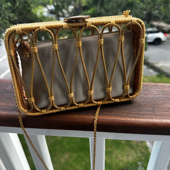 Kayu Handbags - Rattan/Wicker Clutch or Crossbody. Detachable Gold chain. Interior bag linen.